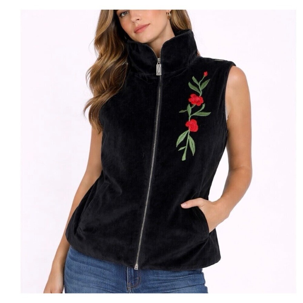 Skea Paris Vail vest velour velvet embroidered flowers black Vintage Unique SZ M